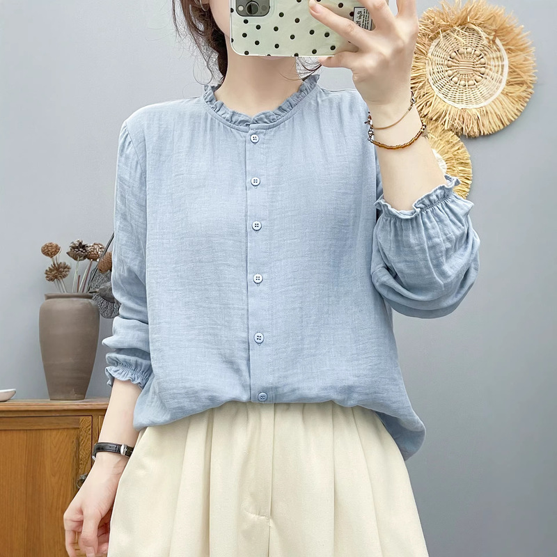 Collared Double-Layer Cotton Gauze Long-Sleeved Shirt for Women French Literary Style Soft Skin-Friendly Breathable Cotton Bottoming Shirt Top