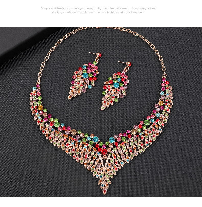 Alloy clavicle chain, exaggerated necklace, earring set, female palace temperament, colorful leaves_voghion.com