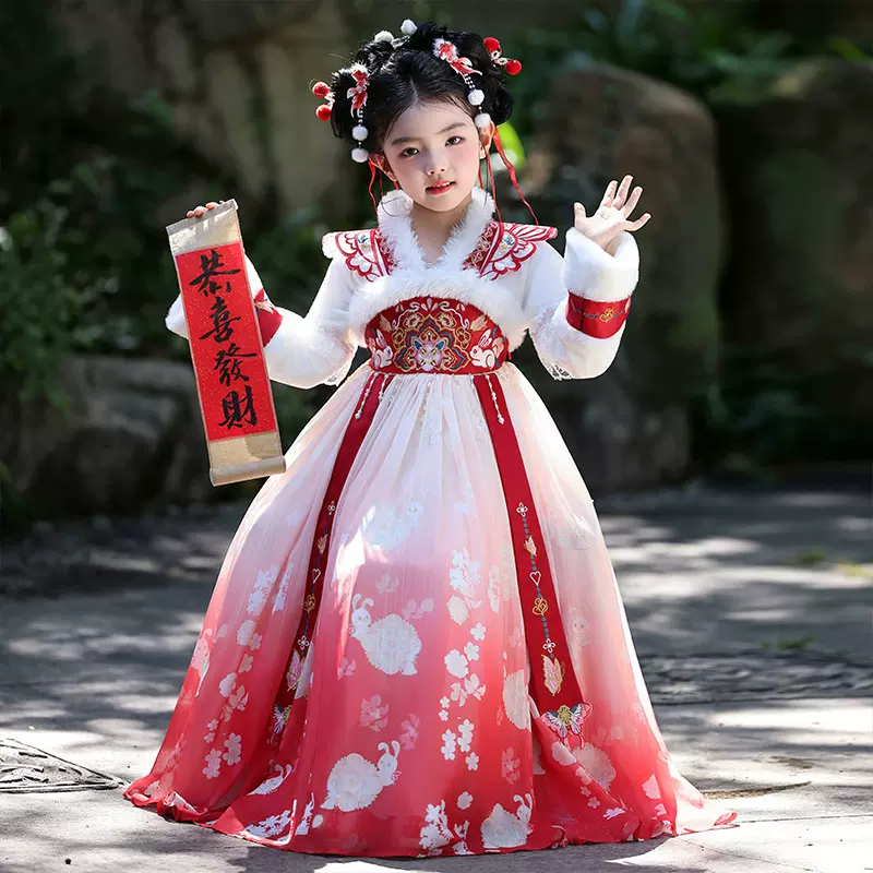 汉服女童冬款加绒新款新中式女拜年服儿童古装过年冬季加厚唐装