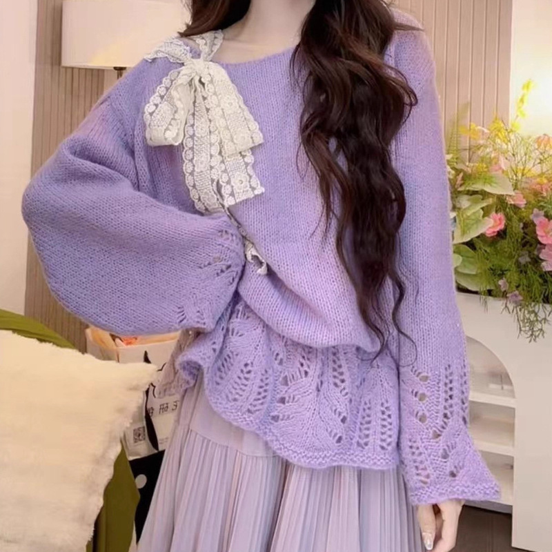 温柔甜美风2025秋季新款氛围感针织蝴蝶结拼接蕾丝绑带针织女上衣|undefined