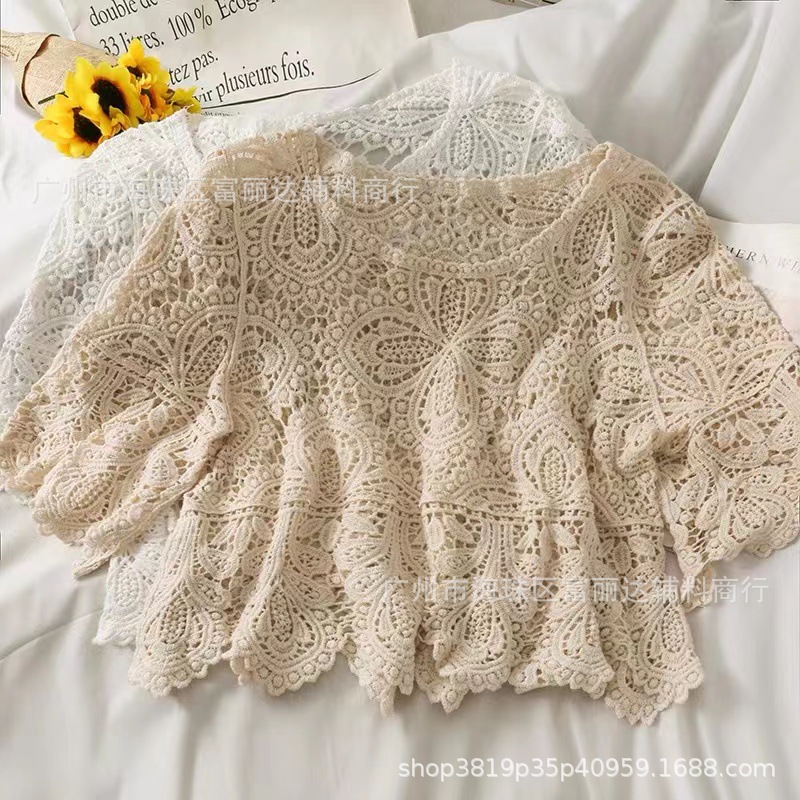 复古镂空钩花透视短款露脐小衬衫女2021新款短袖百搭圆领宽松上衣
