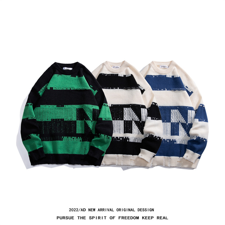 Men's Clothing Men's Oversized Knit Sweater - Trendy Unisex Casual Pullover With Stylish Jacquard Design, Comfortable Loose Fit For Autumn & Winter​_viptrois.com