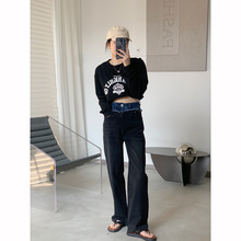 黑灰色撞色拼接牛仔裤女2023春季新款设计感高腰直筒阔腿长裤INS