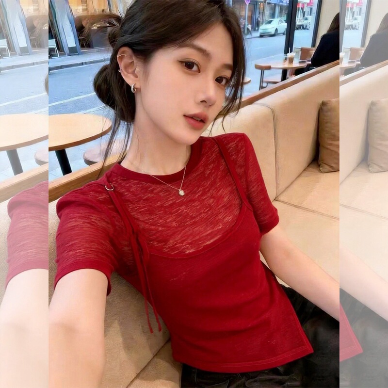 Plus-Size Regular Shoulder Short-Sleeve T-Shirt for Women, 2026 Summer New Stylish Top with Faux Two-Piece Design