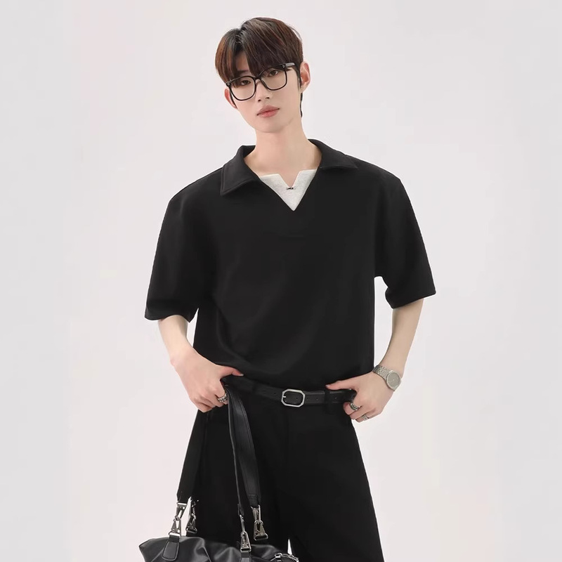 Korean-Style Design with a Spliced V-Neck, Faux Two-Piece Polo Shirt, Light Luxury Style, Tie-Dye Versatile Striped Shirt Collar, Short-Sleeve T-Shirt Korean-Style Design with a Spliced V-Neck, Faux Two-Piece Polo Shirt, Light Luxury Style, Tie-Dye Versatile Striped Shirt Collar, Short-Sleeve T-Shirt