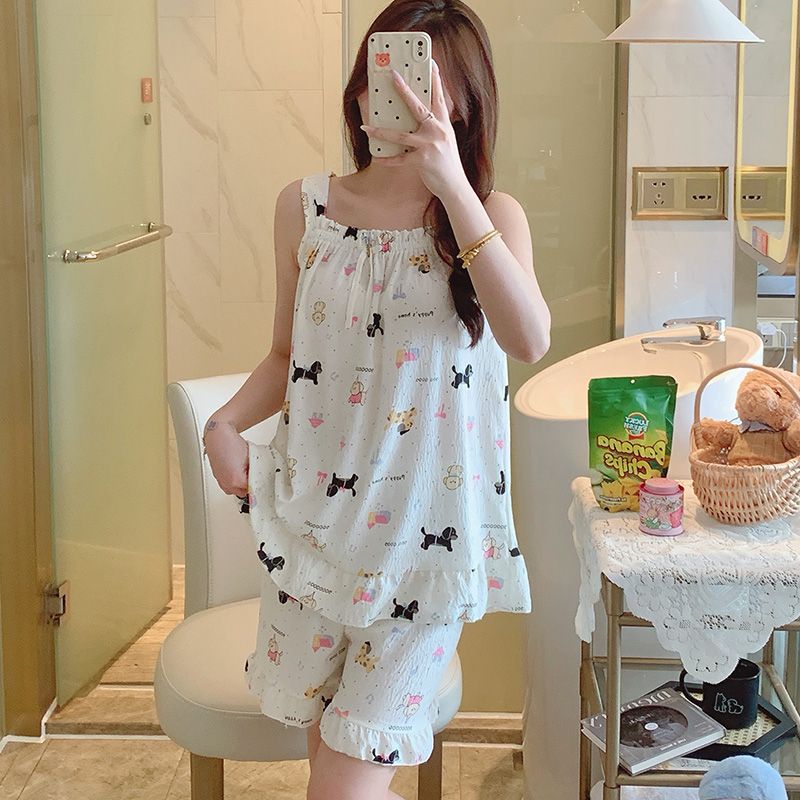 Venta al por mayor transfronteriza verano nuevo estilo tirantes pantalones cortos pijamas mujer nube algodón creativo lindo estampado ropa para el hogar se puede usar afuera