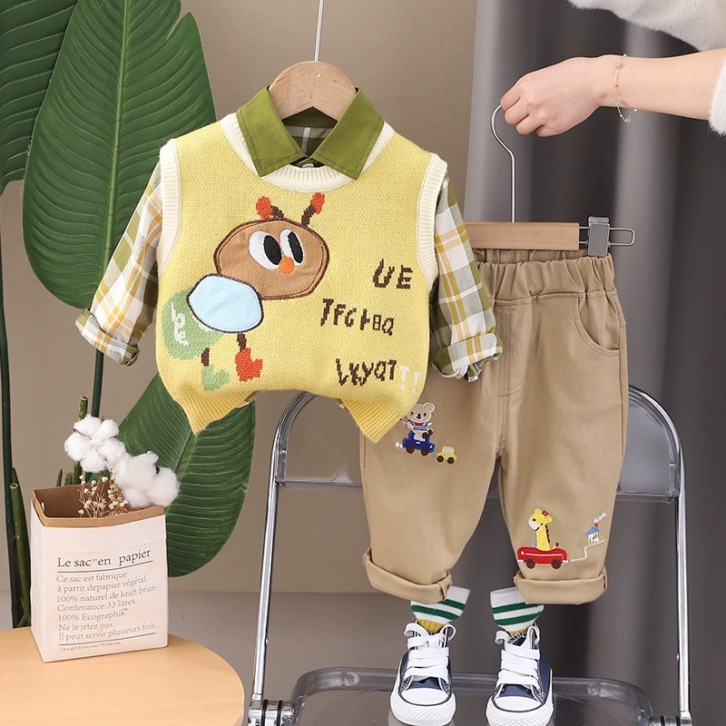 Spring set for boys, children's cartoon vest, autumn shirt, children's clothing, 3 piece set
