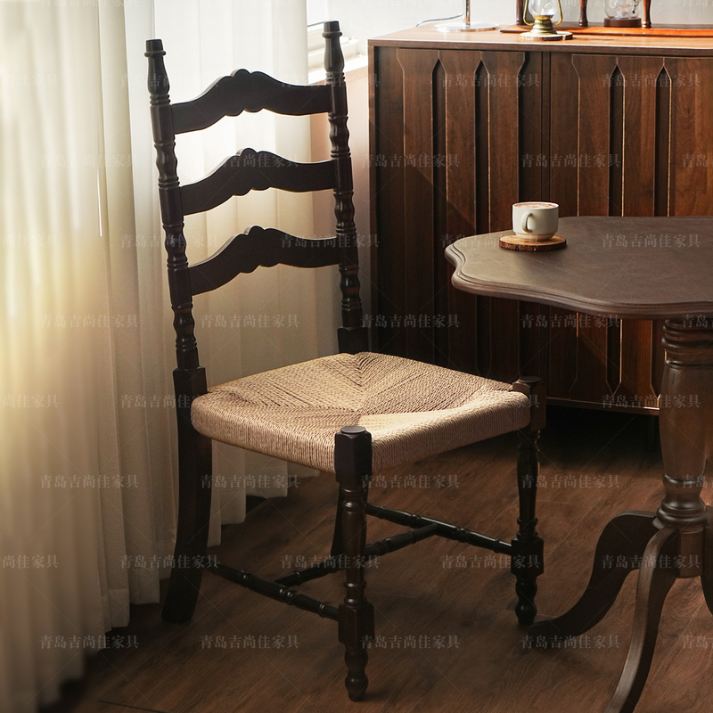 French Mid-Century Style High-Back Rope Dining Chair Designer Cafe Dessert Shop Casual Medieval Dining Table and Chairs