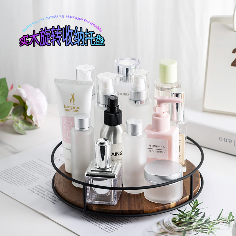 Wooden Round Rotating Storage Rack Kitchen Spice Bottle Storage Rack Desktop Turntable Storage Rack Solid Wood Storage Tray