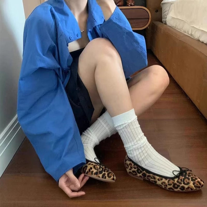 羊皮版~法式平底豹纹单鞋女新款蝴蝶结豆豆一脚蹬小众玛丽珍鞋|undefined