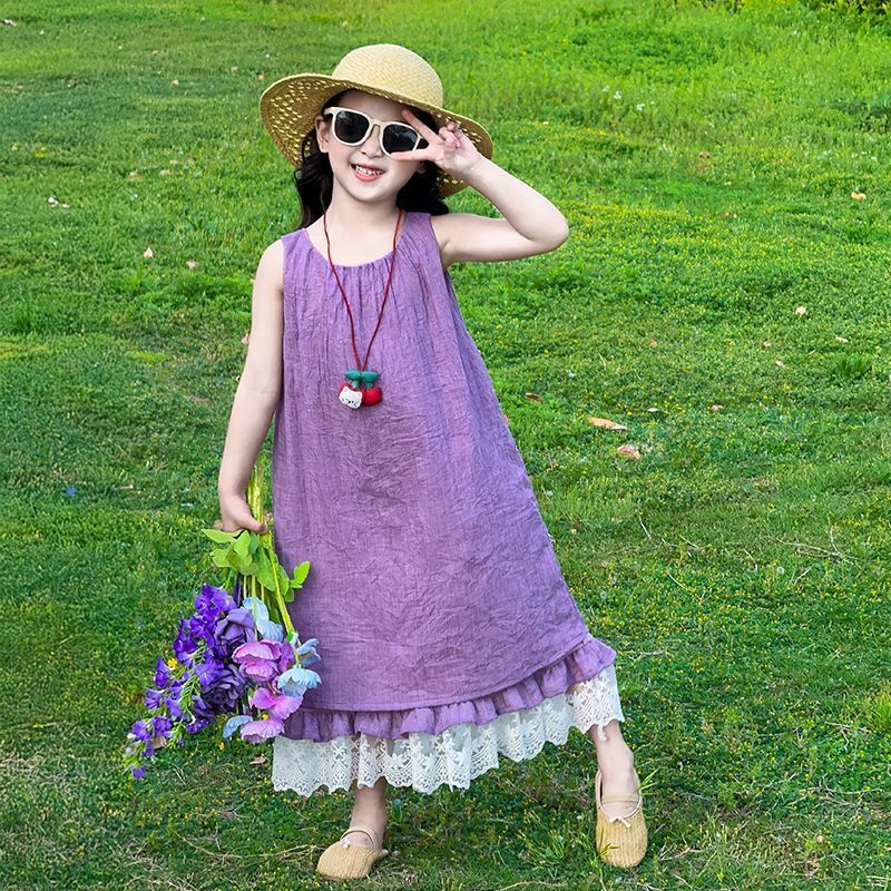 Girls Dopamine Vest Dress 2025 New Summer Children's Seaside Vacation Little Dress Girls Skirt Korean