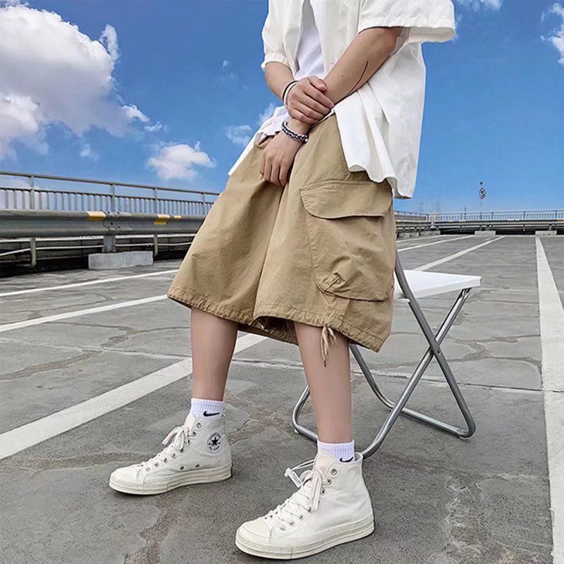 Cargo Shorts Men's Summer New Cotton Loose Casual Pants Korean Style Trendy Brand Men's Solid Color Multi-Pocket Knee-Length Shorts