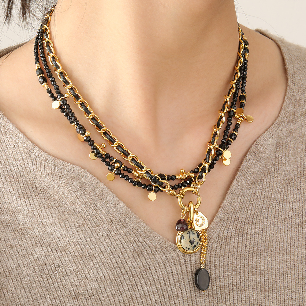 Copper, Black Pointed Crystal Chain Material Retro Geometric Natural Stone Copper Black Pointed Crystal Necklace In Bulk