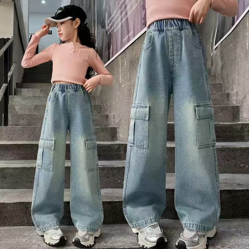 Girls' Cargo Jeans Spring and Autumn New Factory Children's Clothing Wholesale Big Kids Straight Loose Wide-Leg Children's Pants
