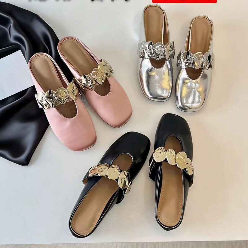 Spring Footsteps~ French-Style Elegant Metal Buckle Mary Jane Shoes with Hidden Height Increase, Shallow Mouth, Women's Closed-Toe Slip-On Shoes for Outdoor Wear