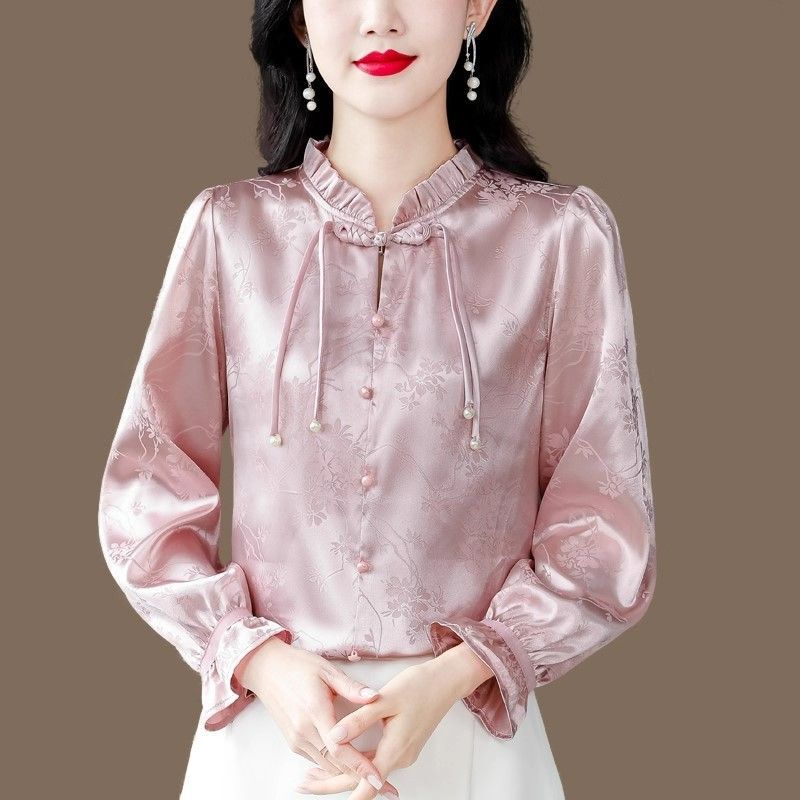 New Chinese-Style National Top for Spring, New Ruffled Edge Button Long-Sleeve T-Shirt with a Unique Design and Niche Temperament for Women