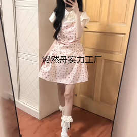 学院风可爱娃娃领泡泡袖假两件设计连衣裙女生夏季收腰显瘦字裙