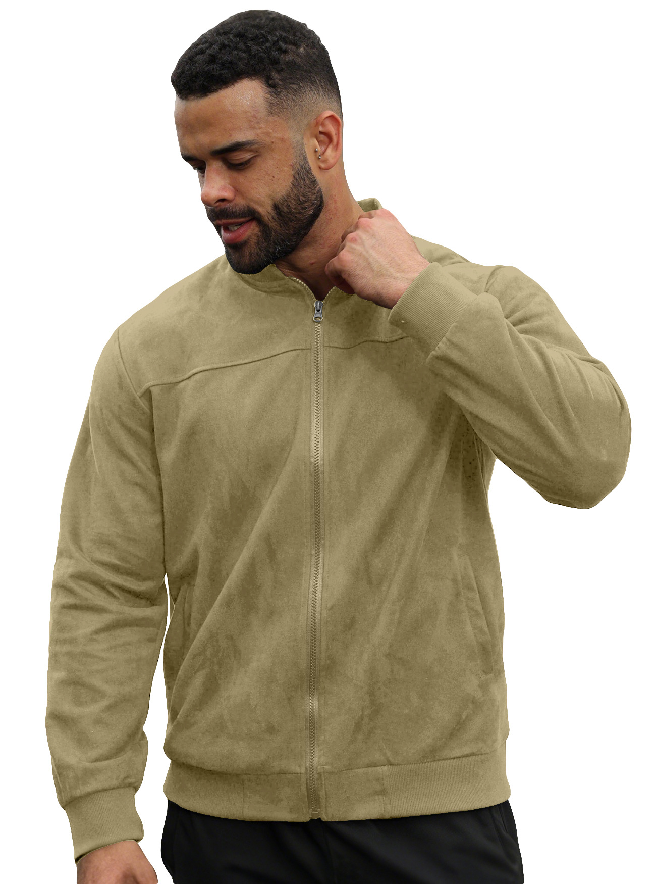Chaqueta de aviador de gamuza para hombre, estilo europeo y americano, para otoño, color sólido, con cremallera, estilo retro americano, de manga larga.