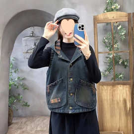连帽牛仔马甲女春秋复古印花大口袋显瘦背心休闲短款开衫上衣外套