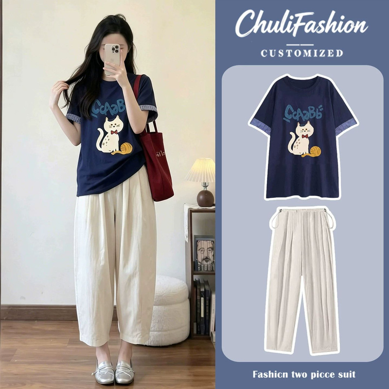 Maternity Wear Navy Blue Cartoon Cat Print Short-Sleeved T-Shirt American Style Age-Reducing and Good-Looking Dark Blue Top Suit Summer Maternity Wear Navy Blue Cartoon Cat Print Short-Sleeved T-Shirt American Style Age-Reducing and Good-Looking Dark Blue Top Suit Summer