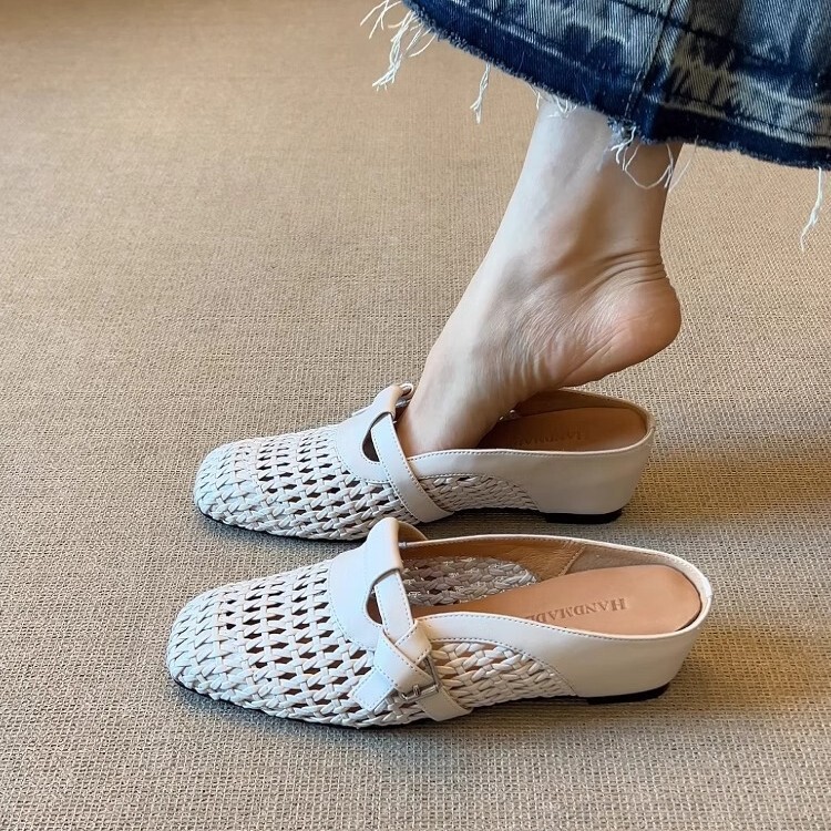 Sheepskin ~ Baotou Half Slippers for Women, Summer Outer Wear, Inner Heightening Birkenstock Clogs, One-Leg Woven Breathable Sandals