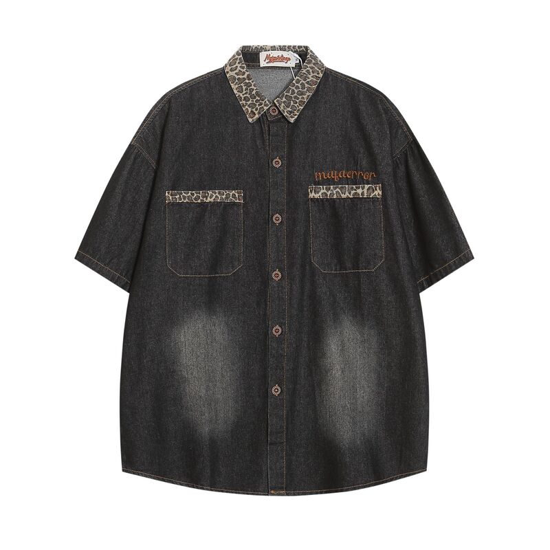 2025 New Summer Loose Bf American Preppy Style Tops Trendy Brand Leopard Print Splicing Denim Short-Sleeved Shirts for Women and Men