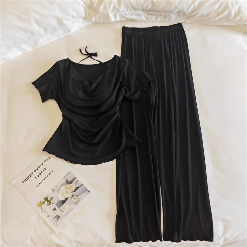 33027.3#Yujie 퓨어 블랙 (고정 가슴 패드 포함) 반팔 + 바지