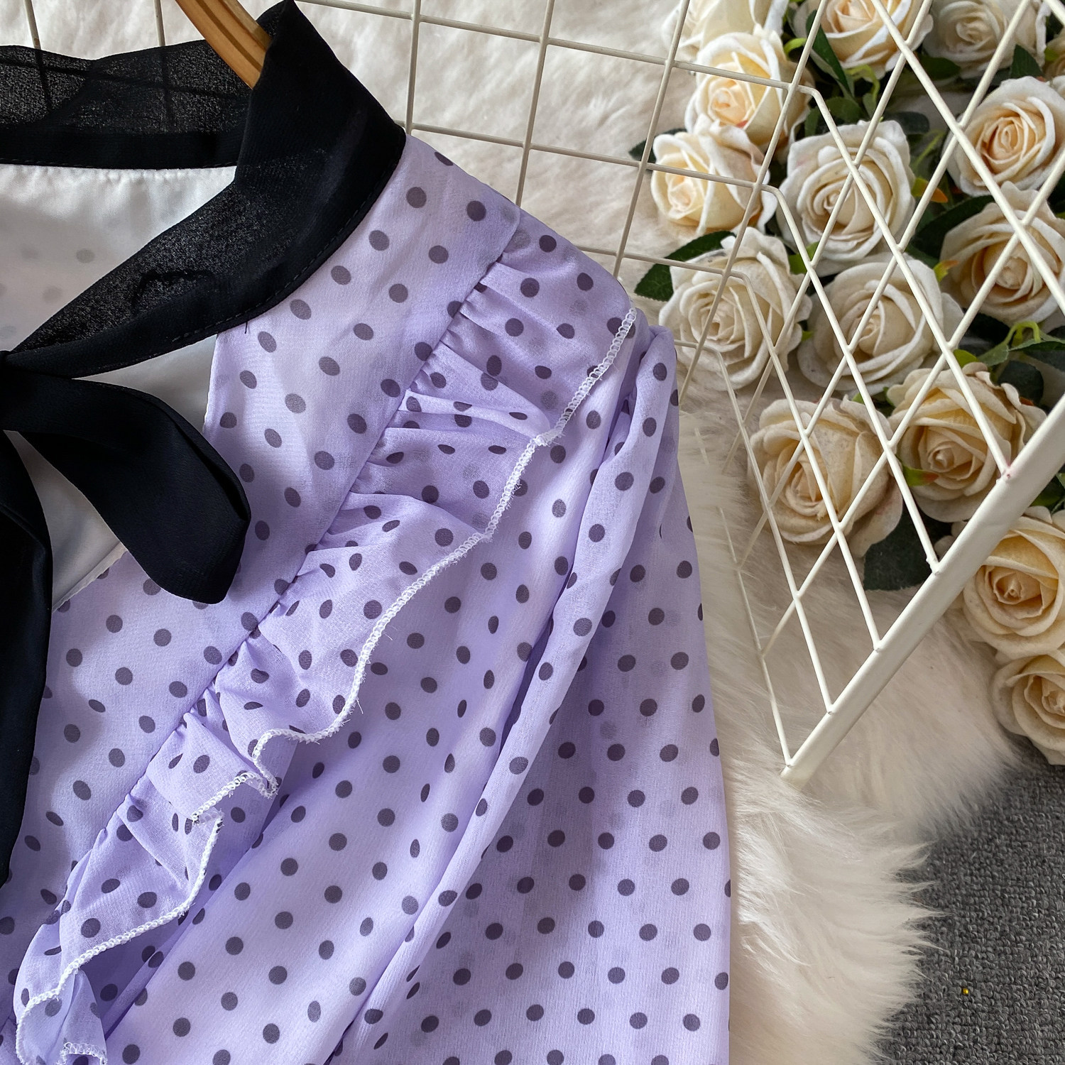 Women's French Sweet Color Block Bow V Neck Long Sleeve Dress Summer Polka Dot Ruffle Hem Elegant Long Skirt_ecoleips.com