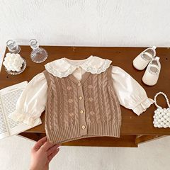 2025 秋の新女の子のセーターレトロ麻模様刺繍花春と秋のニットカーディガンベスト子供のベスト
