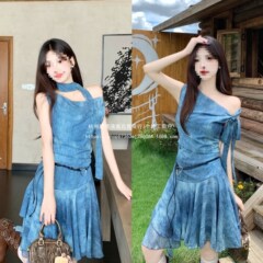 夏のレトロなブルーのサマードレス、女性用、斜めの肩、リボン、スイングカラー、ノースリーブ、スリムトップ、ショートスカート、デニムブルー
