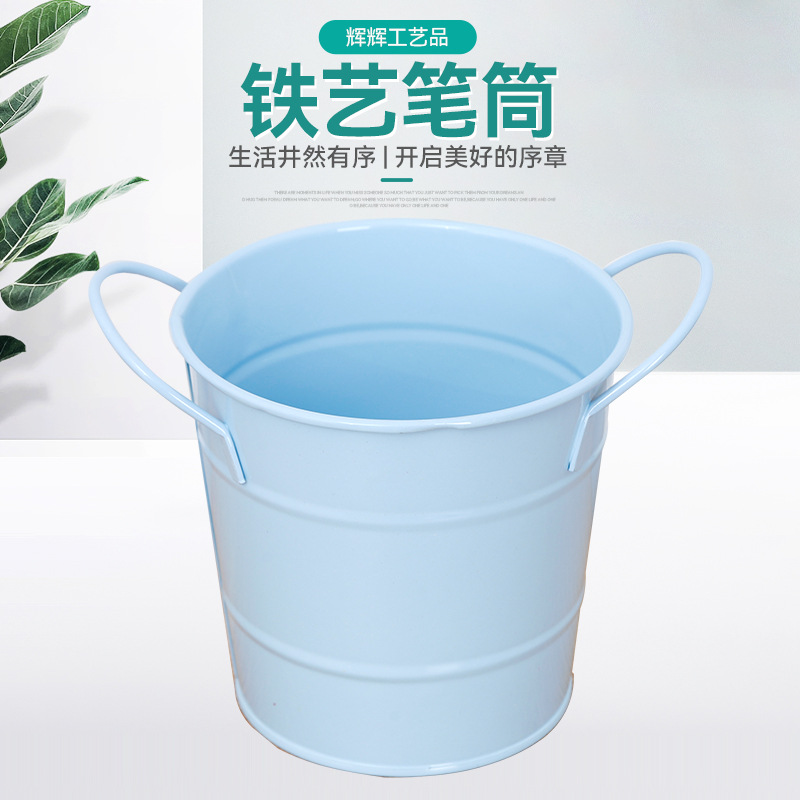 Caramelo color hierro forjado bolígrafo de doble oreja barril verde maceta de flores de escritorio de almacenamiento decoración mini barril de hierro