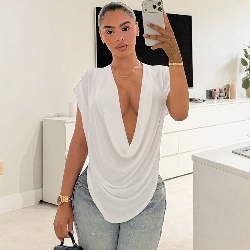Qadın yay ayları üçün dərin V yaxalı qolsuz slim top