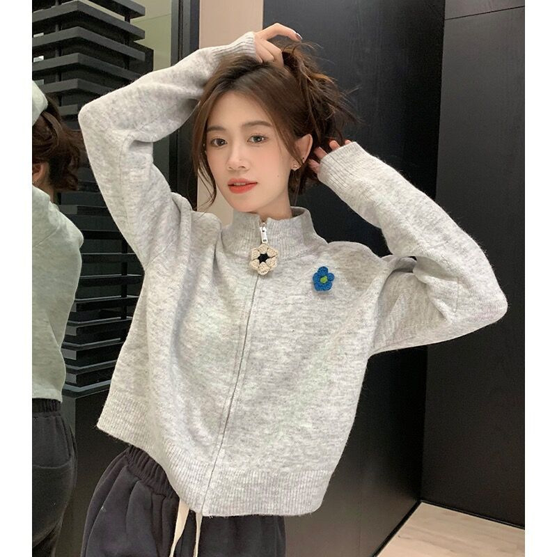 Gray niche design turtleneck zipper sweater coat for women spring autumn and winter milk Jacquard knitted cardigan top fashion