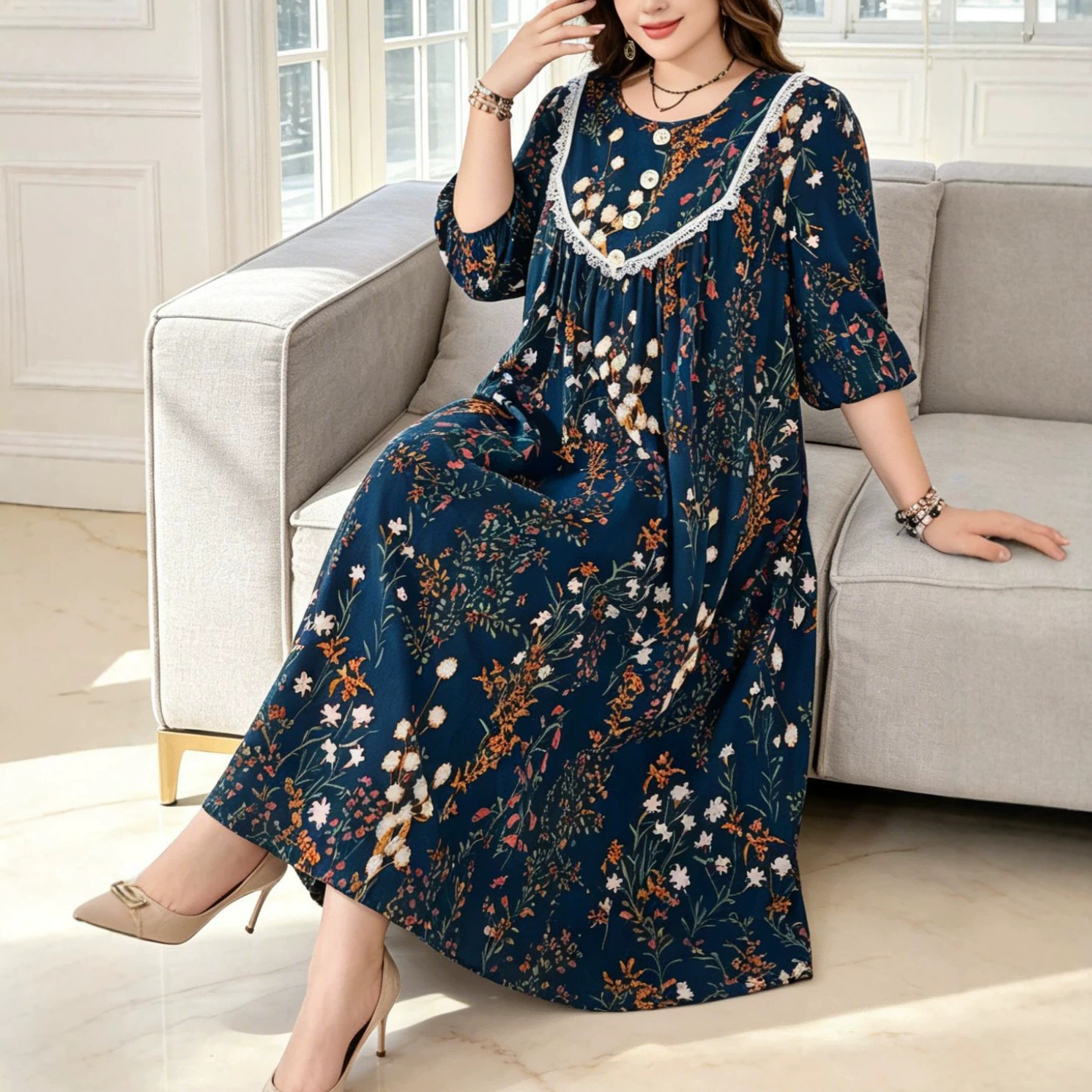 Plus-size floral maxi dress for women, lace, wooden button, round neck, lantern sleeves, three-quarter sleeves, loose fit, flattering long dress.
