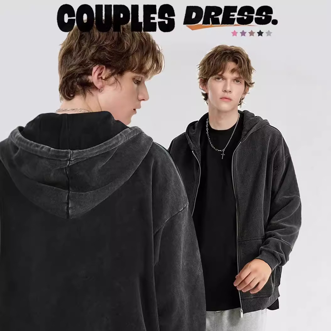 Los pesos estadounidenses de 400 gramos de lazo de cremallera chaqueta de hombre otoño y invierno lavado suelto hacer viejas hoodies pareja camisa con sombrera