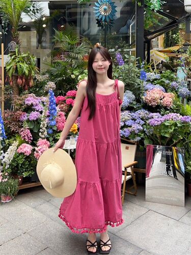 Magenta Vacation Style Flowy Spaghetti Strap Dress for Women 2025 Summer New Arrival Loose and Slimming Unique Long Dress