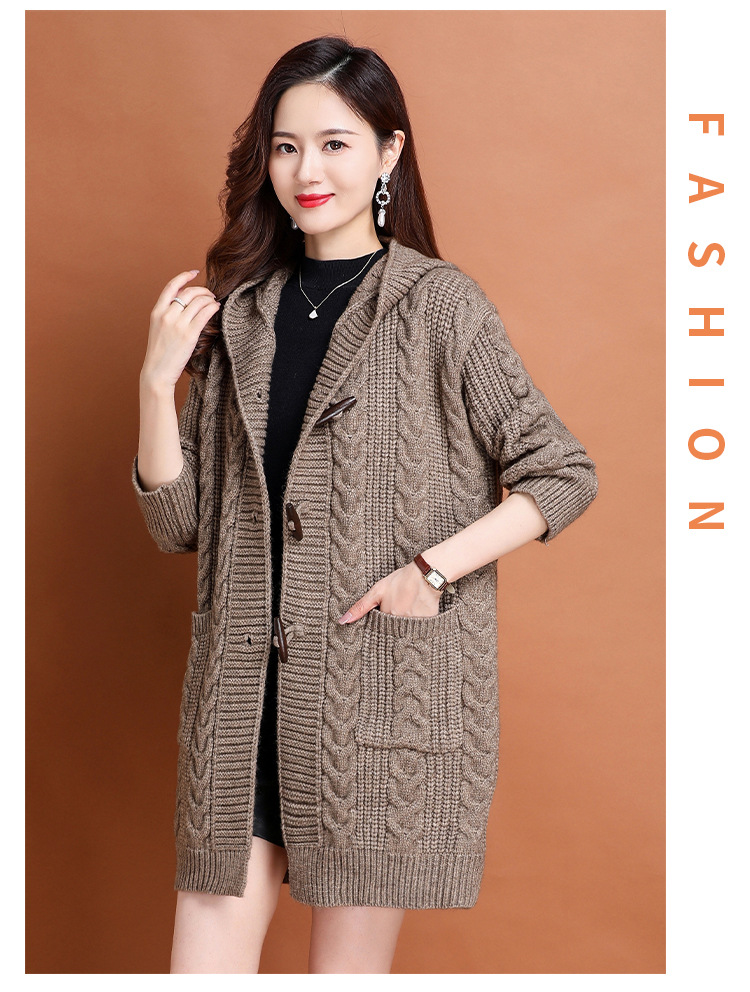 Women's horn button high-end sweater coat women's autumn and winter new versatile loose mid-length twisted hooded cardigan_voghion.com