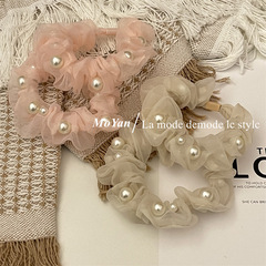Korean-style organza hairband with pearl decoration, ethereal mesh elastic hair tie for girls, fashionable solid-color hair ribbon