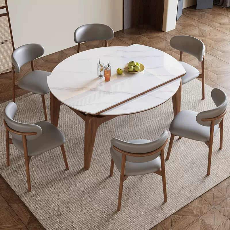 高级岩板餐桌椅组合现代简约折叠伸缩实木中古风吃饭桌方圆两用桌