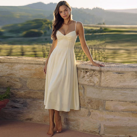 Cross-Border 2026 Spring/Summer New European and American Women's Fashion Elegant Solid Color Fishbone Waist-Cinching Slim-Fit Stylish Spaghetti Strap Dress for Women