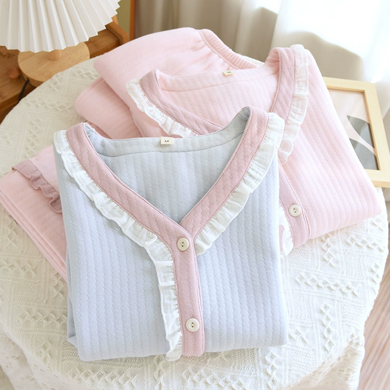 Новая осенне-зимняя Пижама, женская тонкая Хлопковая пижама с воздушным слоем, простые брюки с длинным рукавом, хлопковая мягкая Домашняя одежда, комплект из двух предметов