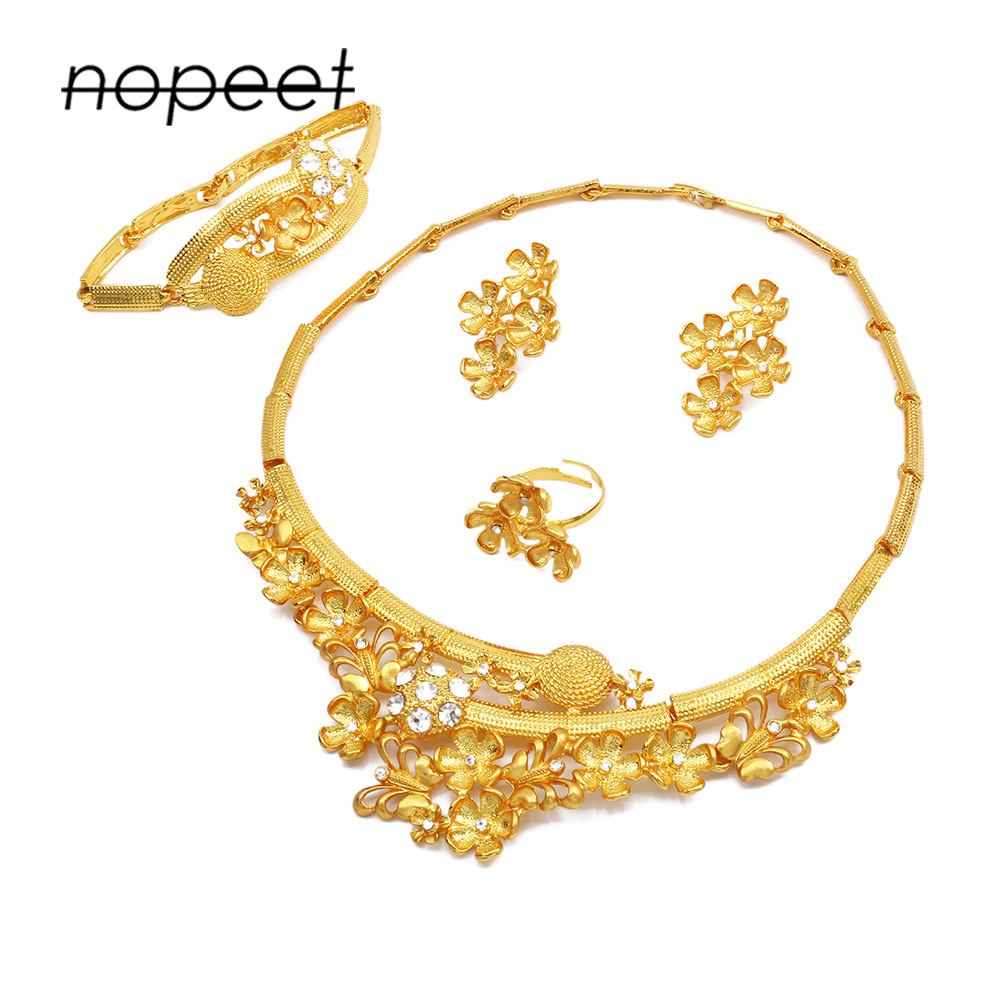 Nopeet Dubai 24K gold jewelry set Indian Bridal Necklace Ring earring