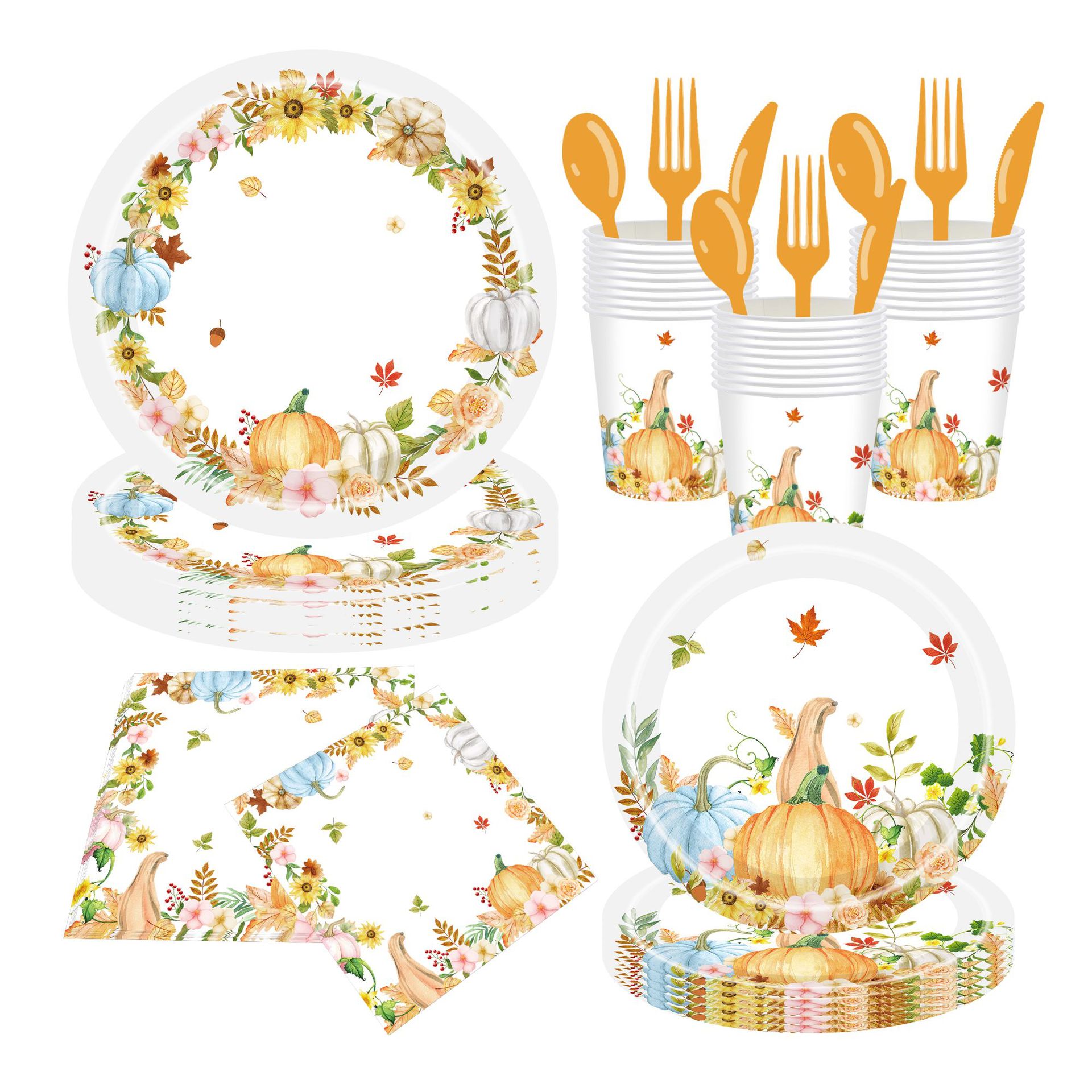 Artículos para Fiestas Temáticas de Calabaza y Hoja de Arce para el Festival de la Cosecha, Platos de Papel Desechables, Vasos de Papel, Servilletas de Papel, Juego de Vajilla Desechable
