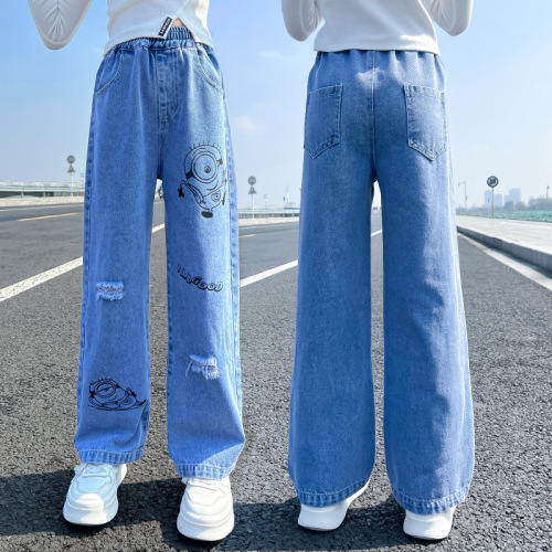 Girls' wide-leg pants, spring and autumn clothing for children, medium and large children's loose pants, 2023 new girls' denim high-waisted trousers