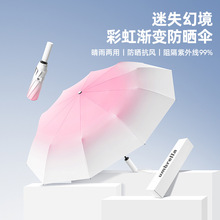跨境供应24骨三折伞全自动渐变黑胶防晒遮阳伞折叠定制批发晴雨伞