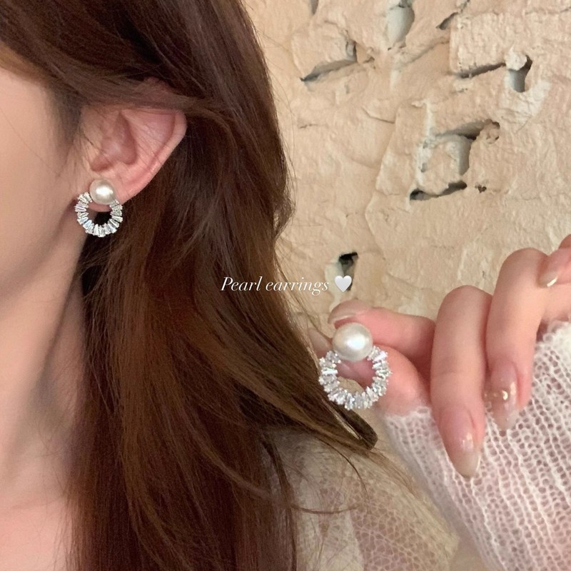韩系超闪锆石珍珠圆形耳钉女轻奢高级感气质耳环小众独特设计耳饰|undefined