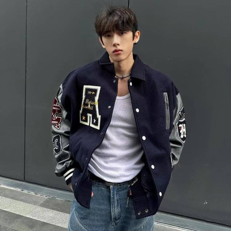 Xizang Blue Towel Leather Jacket Men's Spring and Autumn American Style High Street Couple Jacket All-match Baseball Suit
