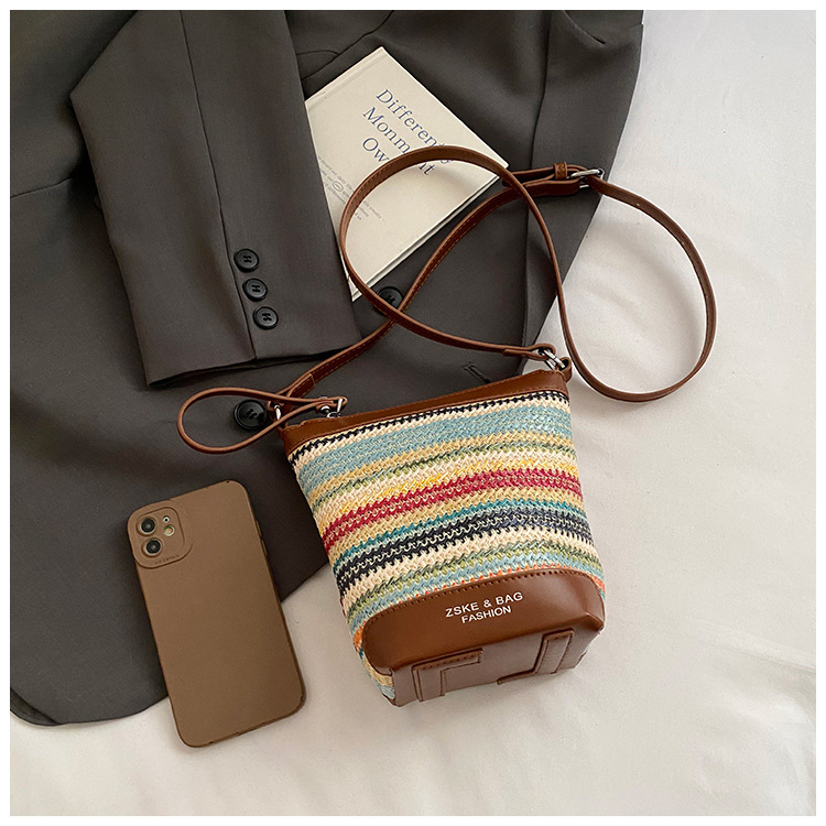 Fashionable straw woven bag for women 2025 summer new trendy woven single-shoulder crossbody women's bag, versatile bucket bag with patchwork Specification drawing