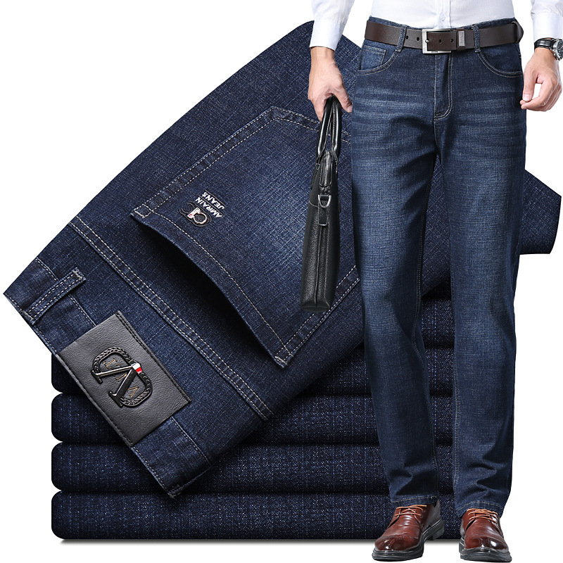 Jeans for men in spring and autumn, casual, light business, elastic, loose fitting, straight tube jeans for men, middle-aged pants for men