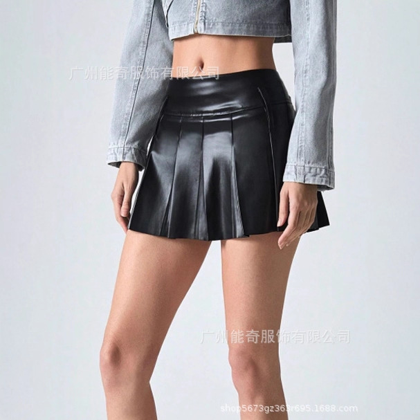 European and American Fashion Leather Skirt Cross-Border Foreign Trade Amazon Pu Leather Pleated Skirt Slim Fit Versatile Half Skirt Short Skirt